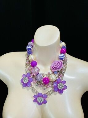 3 Layered Bridgeton Inspired Statement Purple Floral Multi-Strand Necklace’s EUC